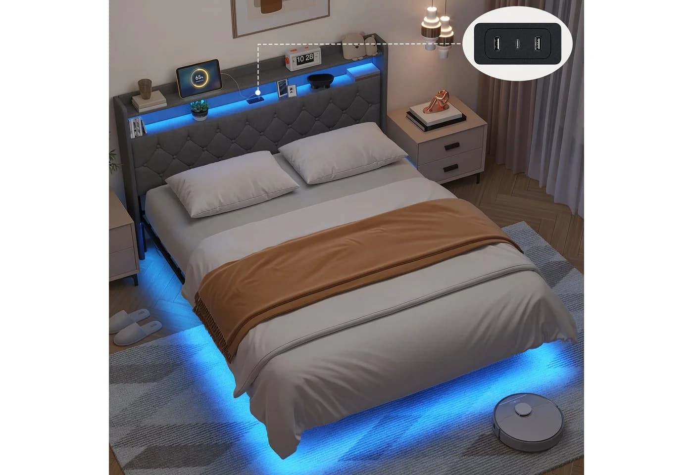 Bealife Polsterbett mit LED-Beleuchtung und Ladestation Grau - Bild 3