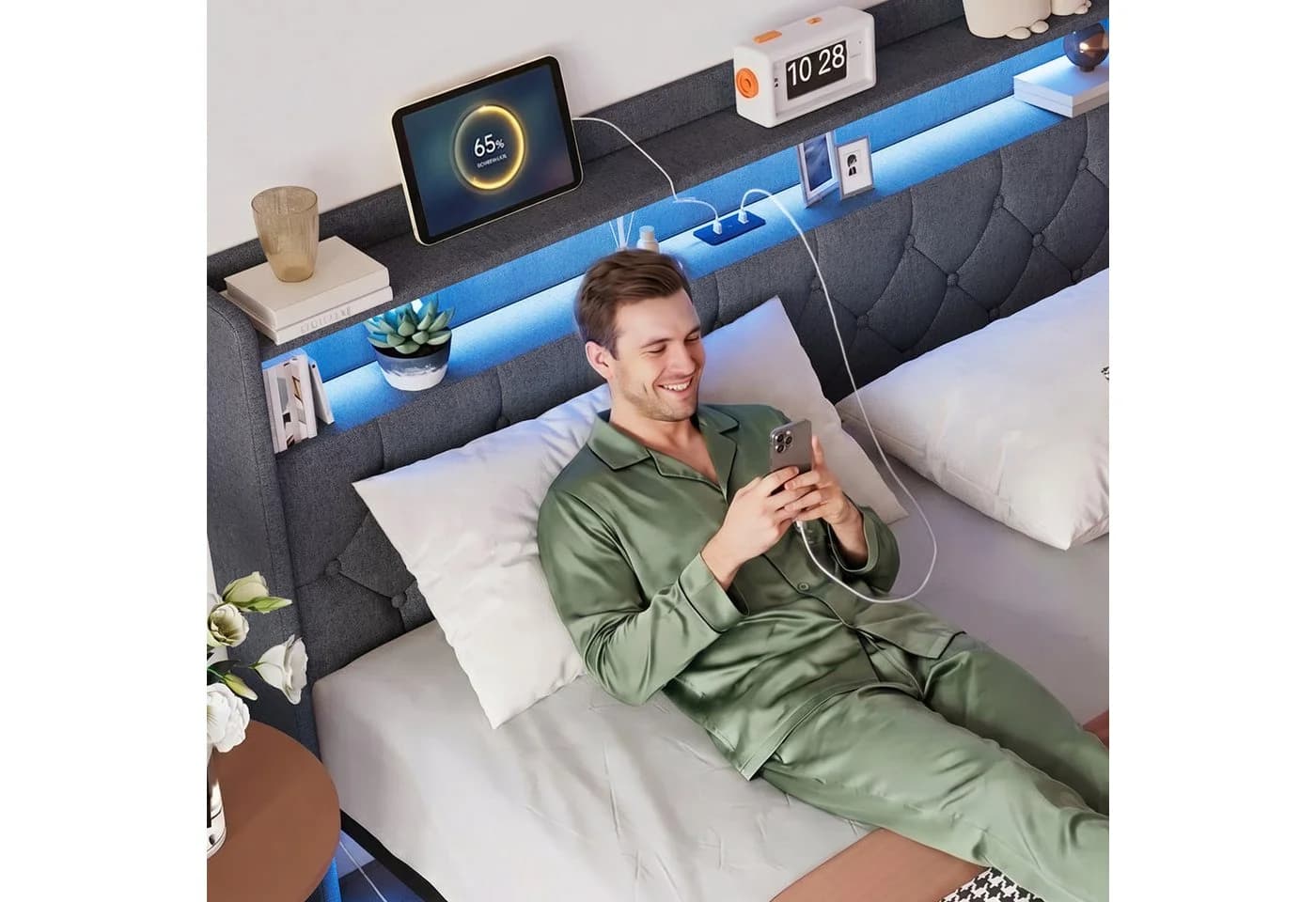 Bealife Polsterbett mit LED-Beleuchtung und Ladestation Grau - Bild 5