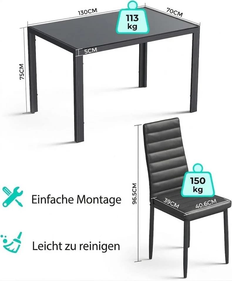 Blishom Essgruppe 7-tlg. mit Glas-Esstisch und 6 PU-Leder-Stühlen Schwarz/Weiß