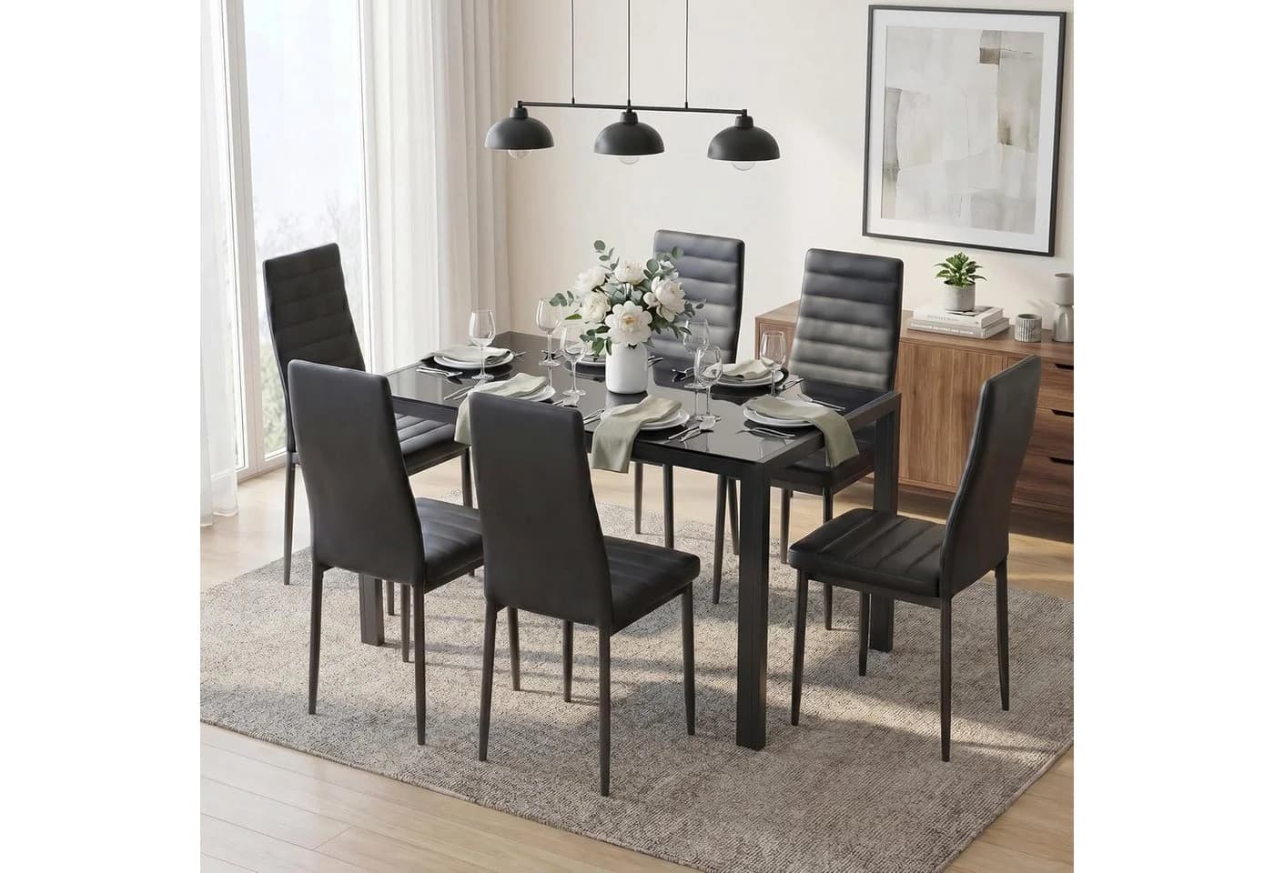 Blishom Essgruppe 7-tlg. mit Glas-Esstisch und 6 PU-Leder-Stühlen Schwarz/Weiß - Bild 3