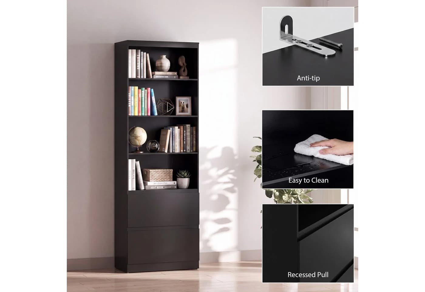 Bealife Bücherregal Hochschrank Schwarz mit 8 Fächern und 4 Schubladen - Bild 4