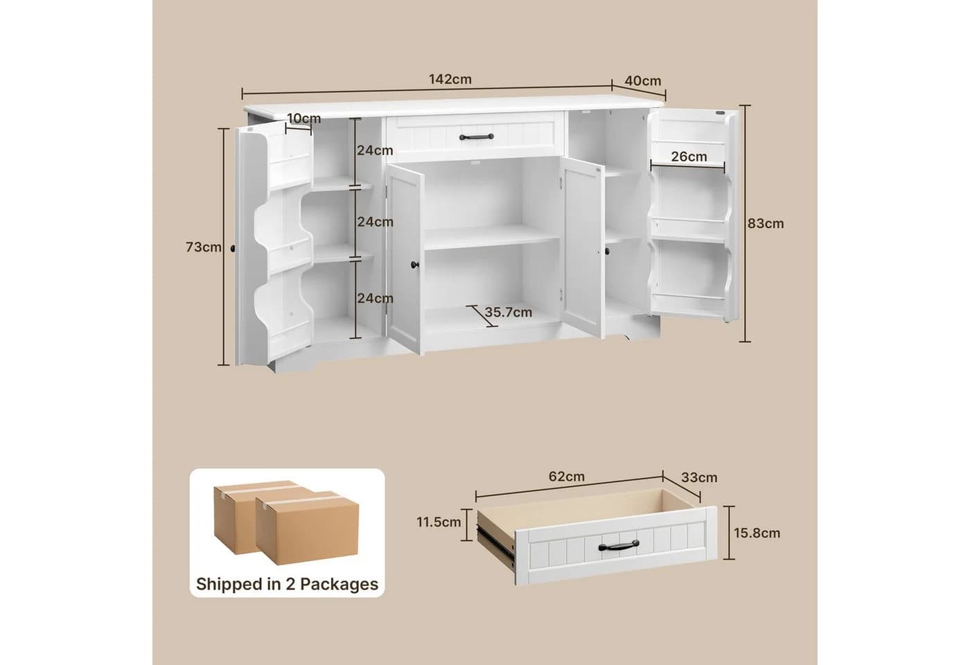 Bealife Sideboard Küchenschrank Weiß mit Arbeitsplatte - Bild 4