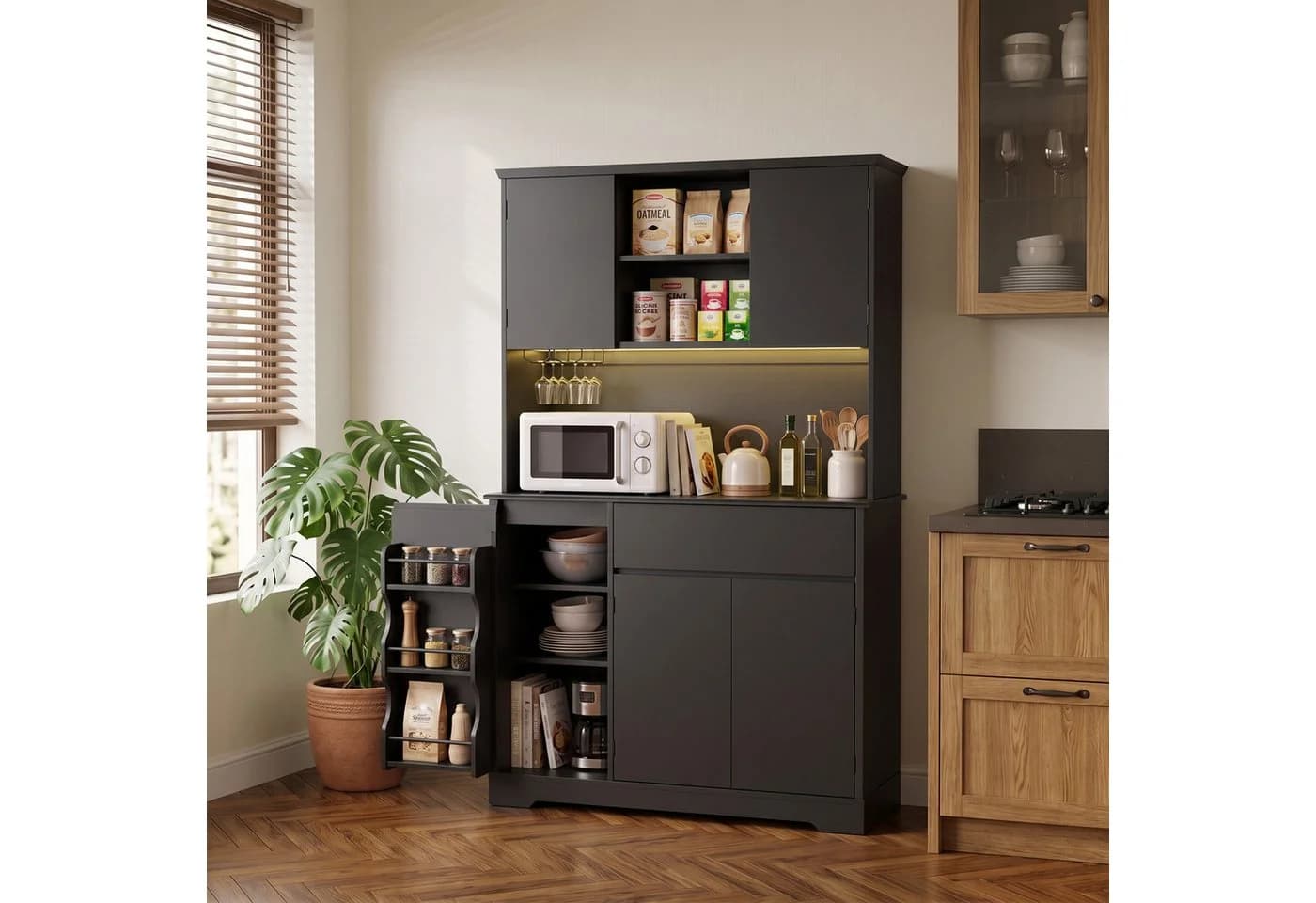 Bealife Küchenbuffet Schwarz mit LED-Licht & Steckdose