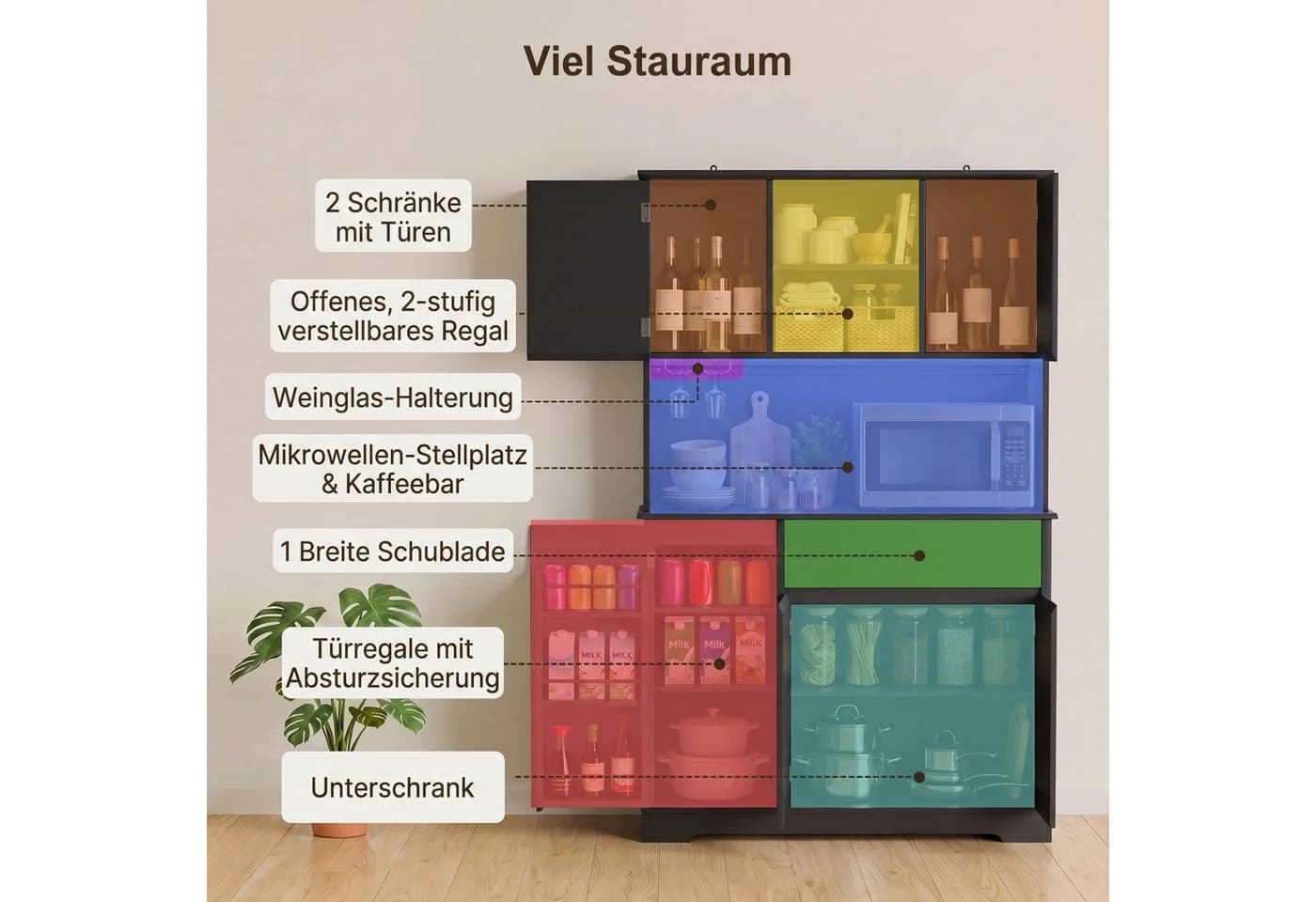 Bealife Küchenbuffet Schwarz mit LED-Licht & Steckdose - Bild 4