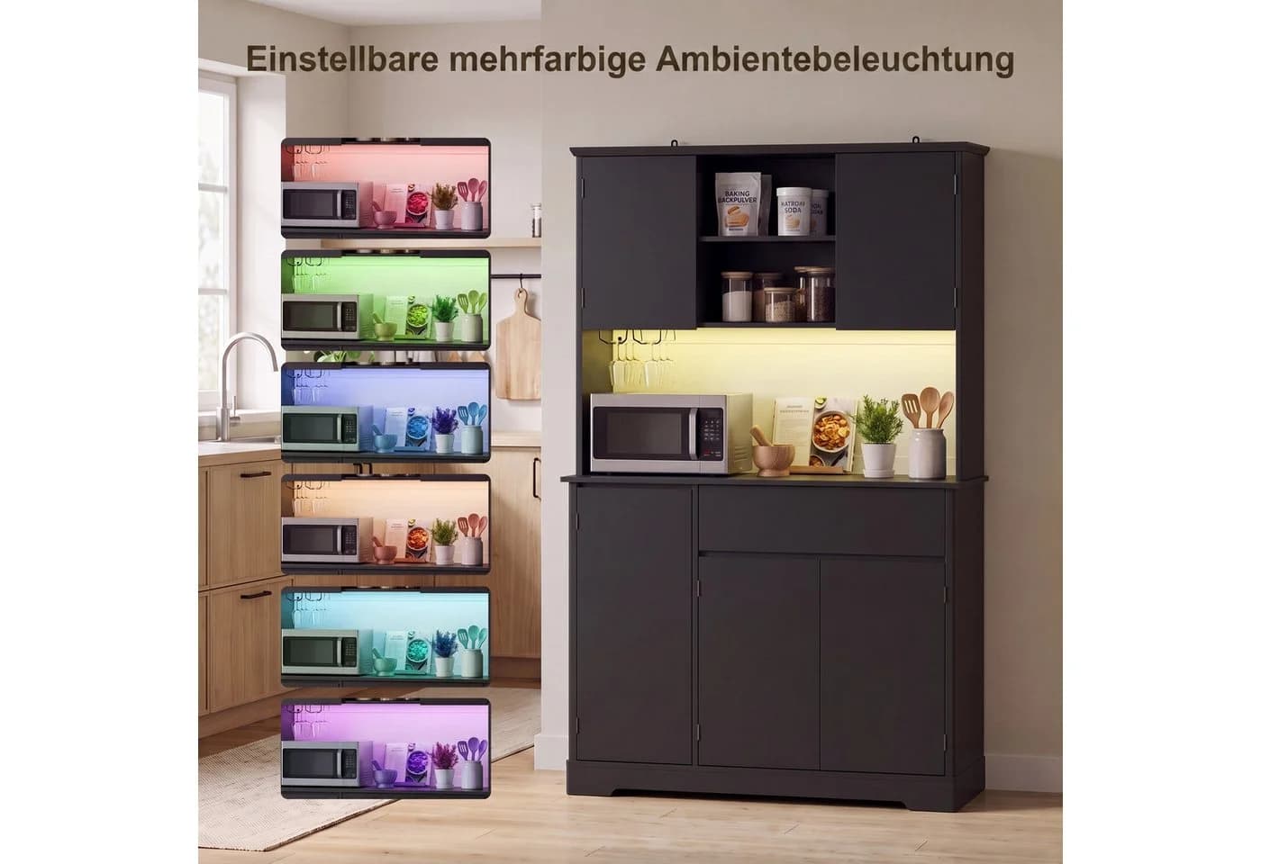 Bealife Küchenbuffet Schwarz mit LED-Licht & Steckdose - Bild 5
