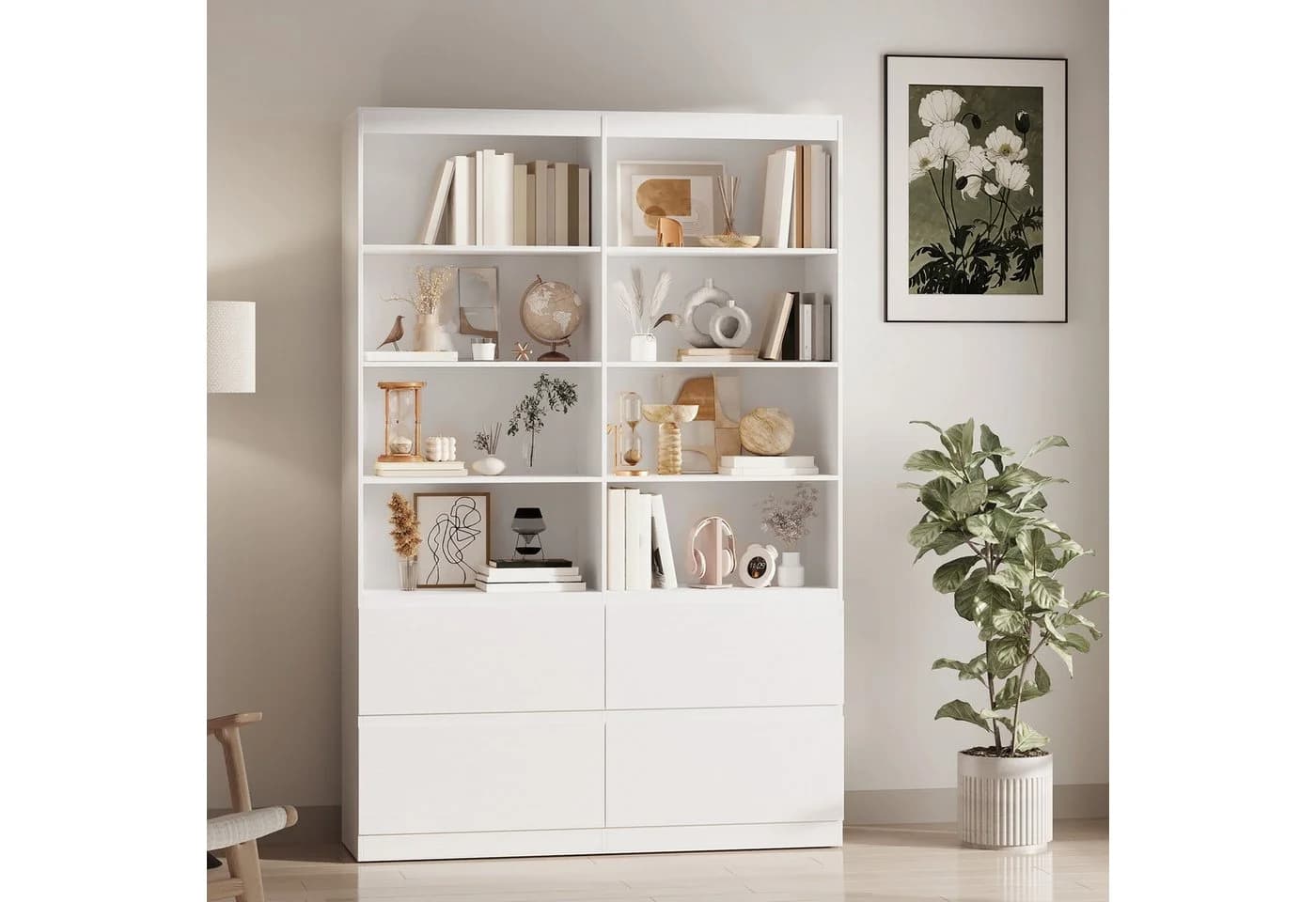 Bealife Bücherregal Hochschrank Weiß mit 8 Fächern und 4 Schubladen