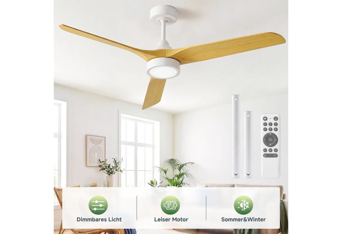 ATEROLL Deckenventilator mit Licht, 132 cm, 6-Gang, Dimmbar, Fernbedienung - Bild 2