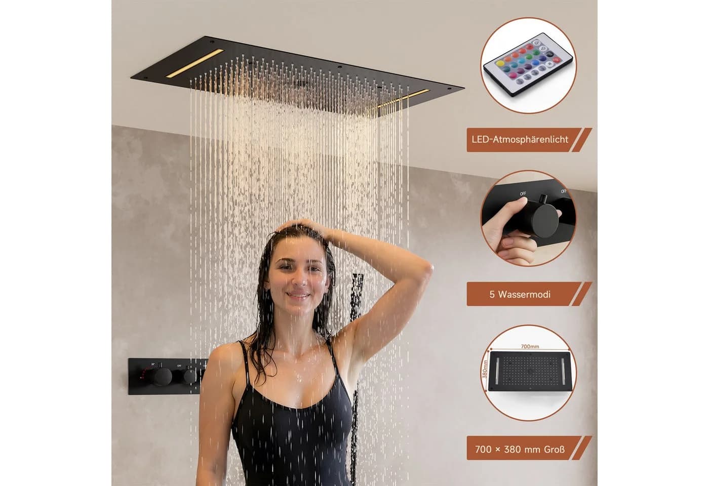 Oihpaw Duschsystem mit Thermostat Multifunktionale Regendusche Schwarz - Bild 3