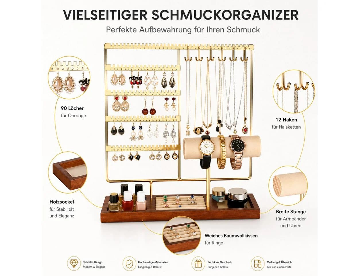 Toomoke Schmuckständer Gold Metallrahmen mit Samt-Ringablage - Bild 3