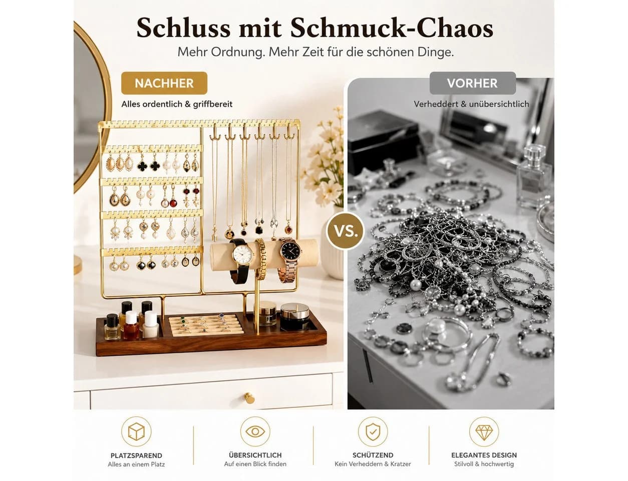 Toomoke Schmuckständer Gold Metallrahmen mit Samt-Ringablage - Bild 4