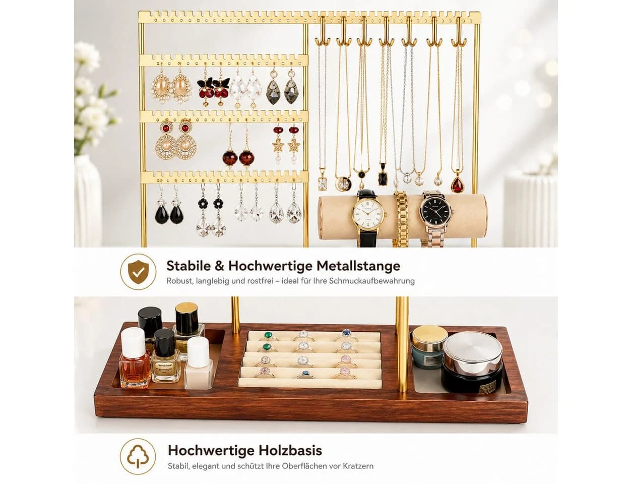 ibettertec Schmuckständer mit Samt-Ringablage und Metallrahmen Gold - Bild 4