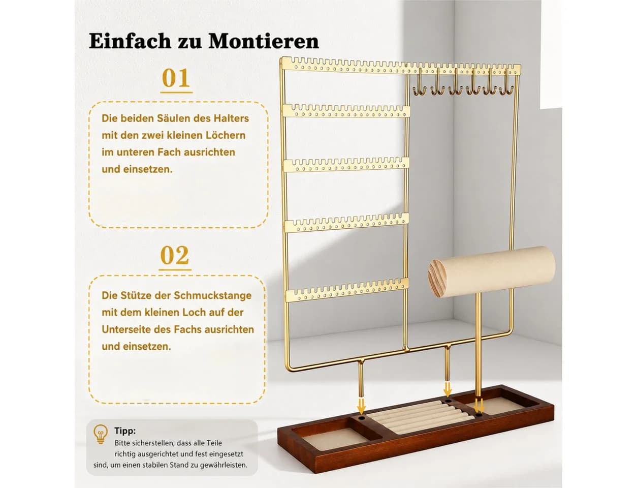 ibettertec Schmuckständer mit Samt-Ringablage und Metallrahmen Gold - Bild 5