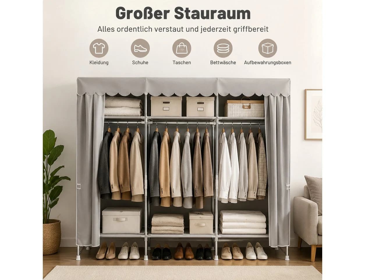 Toomoke Stoffkleiderschrank Grau mit Metallgestell und Reißverschluss - Bild 3