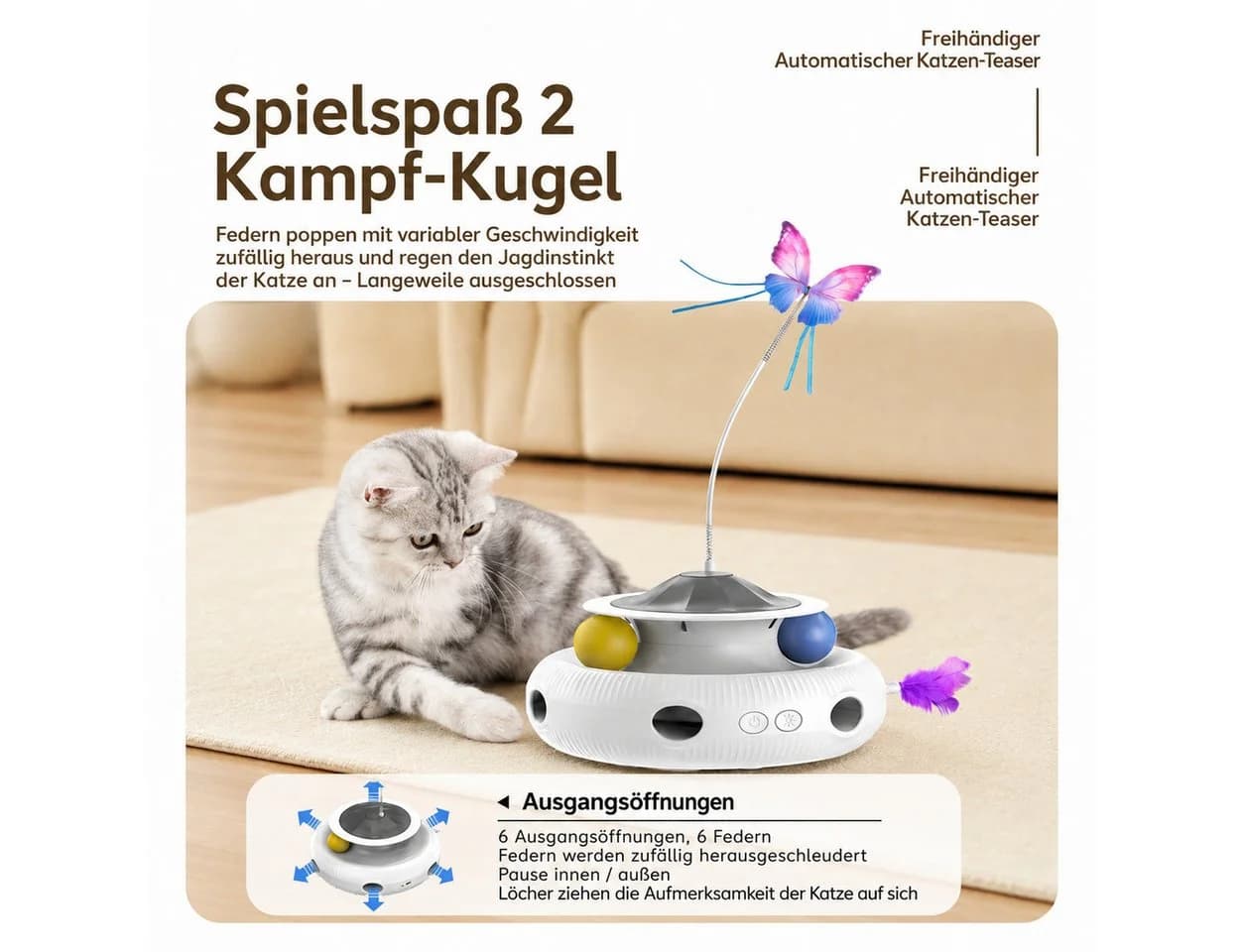 Toomoke 3-in-1 Katzenspielzeug mit Schmetterling, Federn & Kugelbahn - Bild 3
