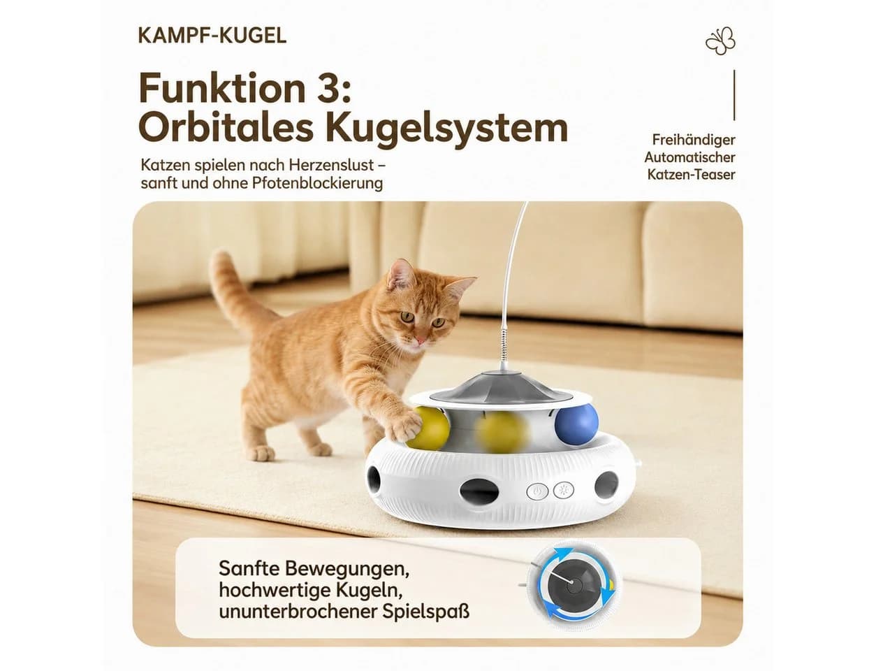 Toomoke 3-in-1 Katzenspielzeug mit Schmetterling, Federn & Kugelbahn - Bild 4