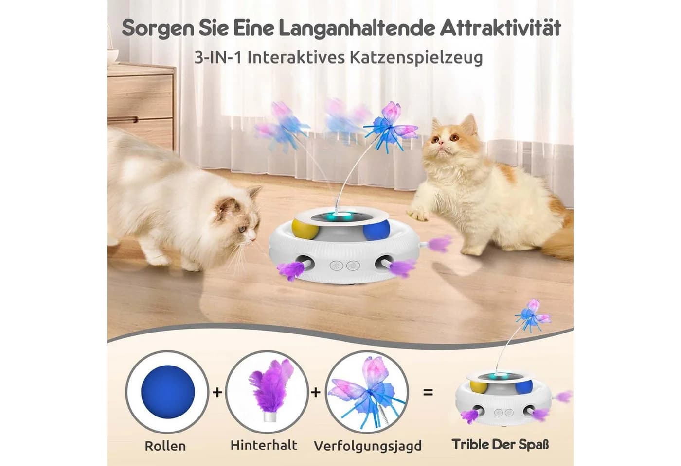 Toomoke 3-in-1 Katzenspielzeug mit Schmetterling, Federn & Kugelbahn - Bild 5