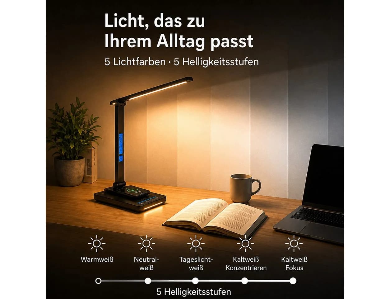 Fyrove LED Schreibtischlampe Schwarz Dimmbar mit Kabellosem Laden