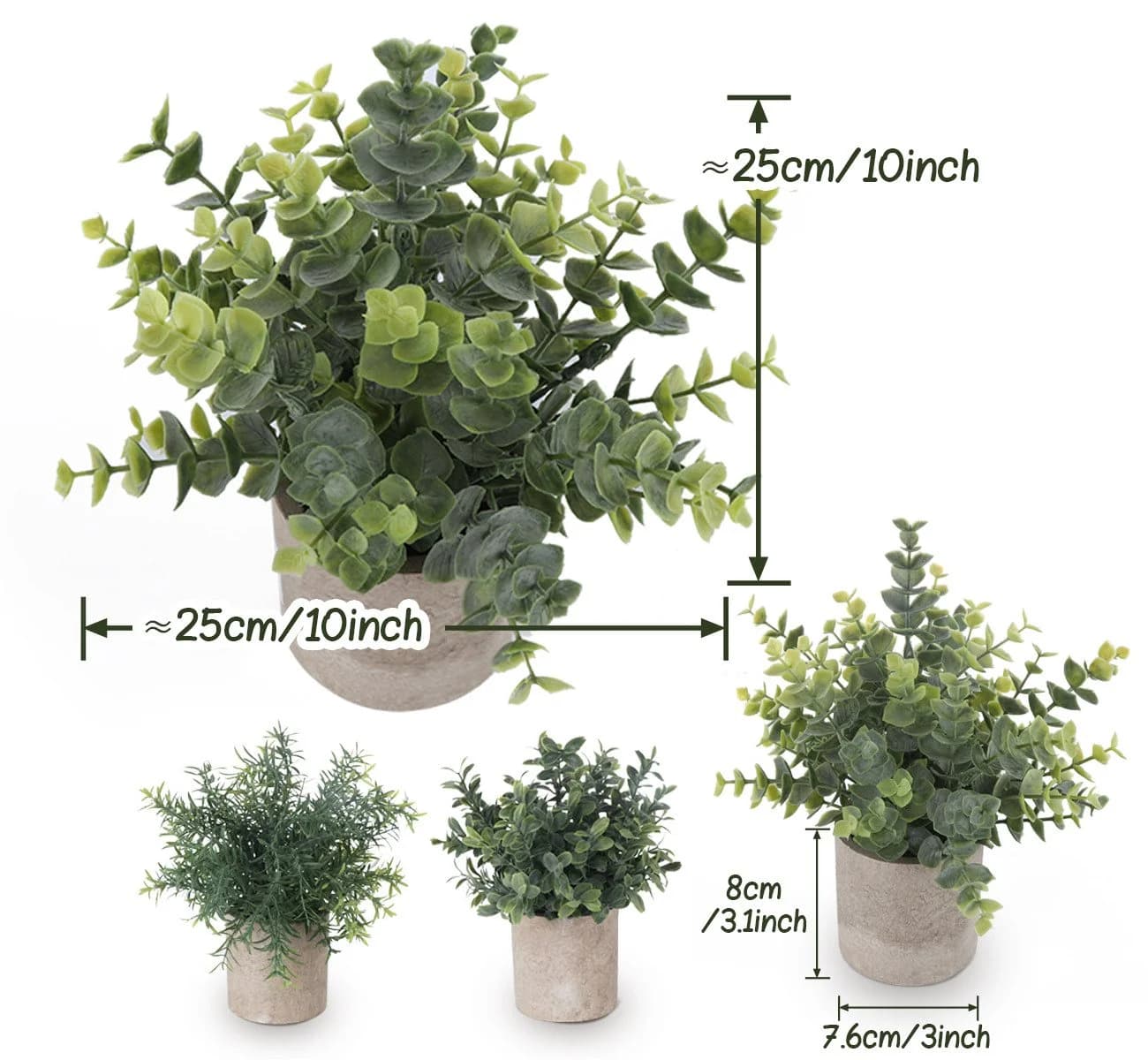 ElitVita Künstliche Zimmerpflanze 5 Stück Mini Kunstpflanzen mit Töpfen Eukalyptus Rohypnol Chrysantheme Grün Grau