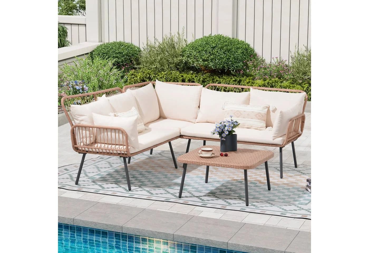 JOIVI Gartenlounge-Set 4-tlg. Creme Beige Rattan - Bild 2