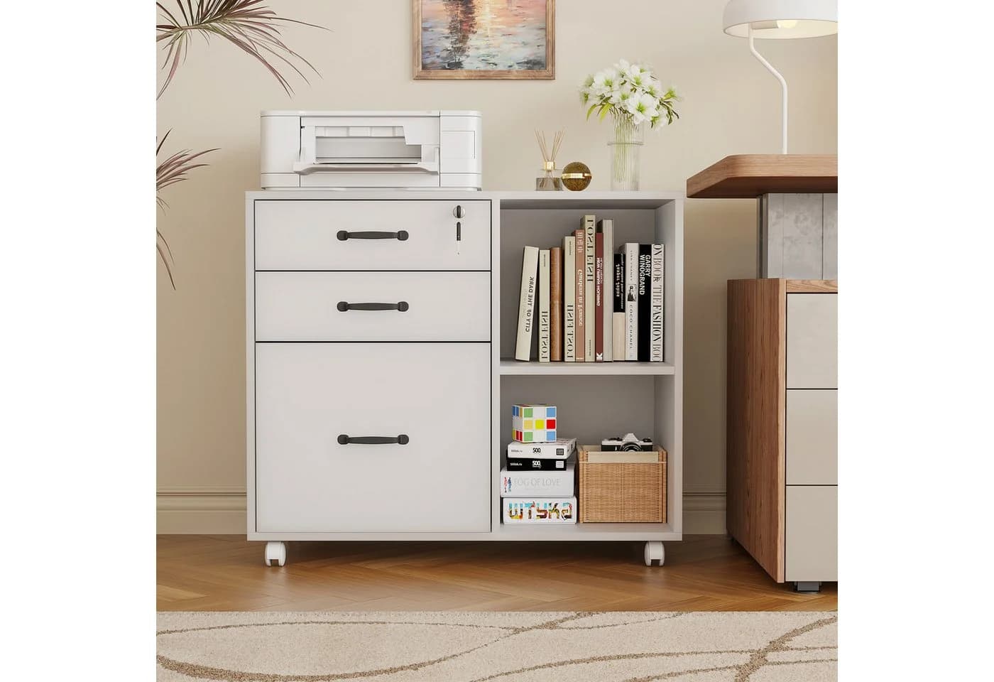 JOIVI Aktenschrank mit Rädern, 3 Schubladen, 2 offene Ablagen, Weiß - Bild 2