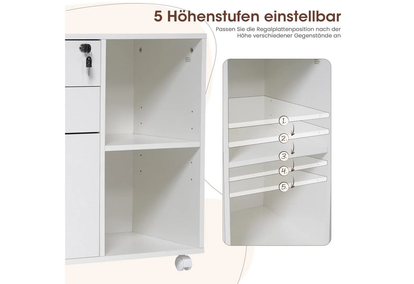 JOIVI Aktenschrank mit Rädern, 3 Schubladen, 2 offene Ablagen, Weiß - Bild 4