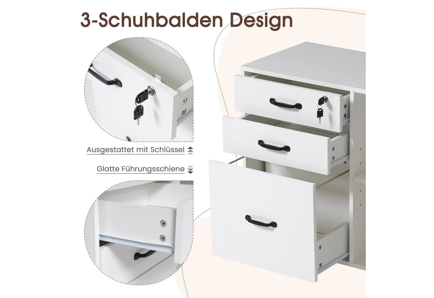 JOIVI Aktenschrank Weiß mit 3 Schubladen und Rädern