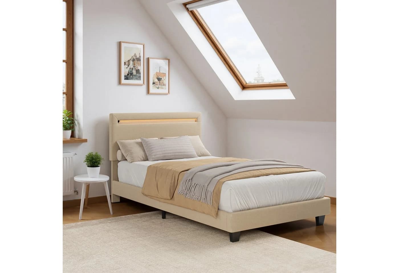 Bealife Polsterbett Einzelbett Bettgestell mit Kopfteil LED-Lichtleiste