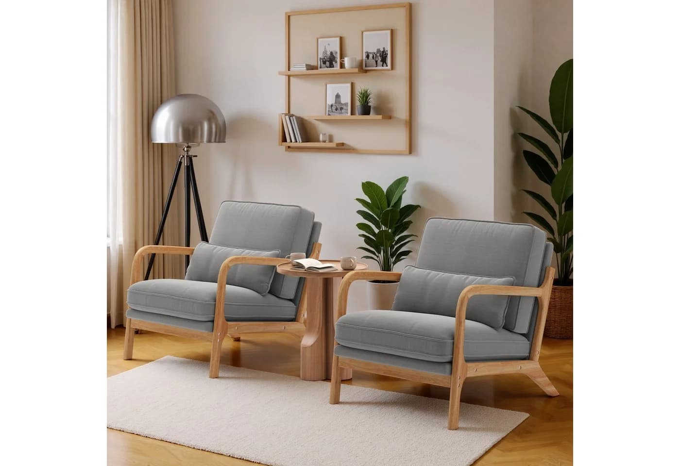 Bealife Relaxsessel mit Armlehne und Kissen Beige/Grau Massivholz