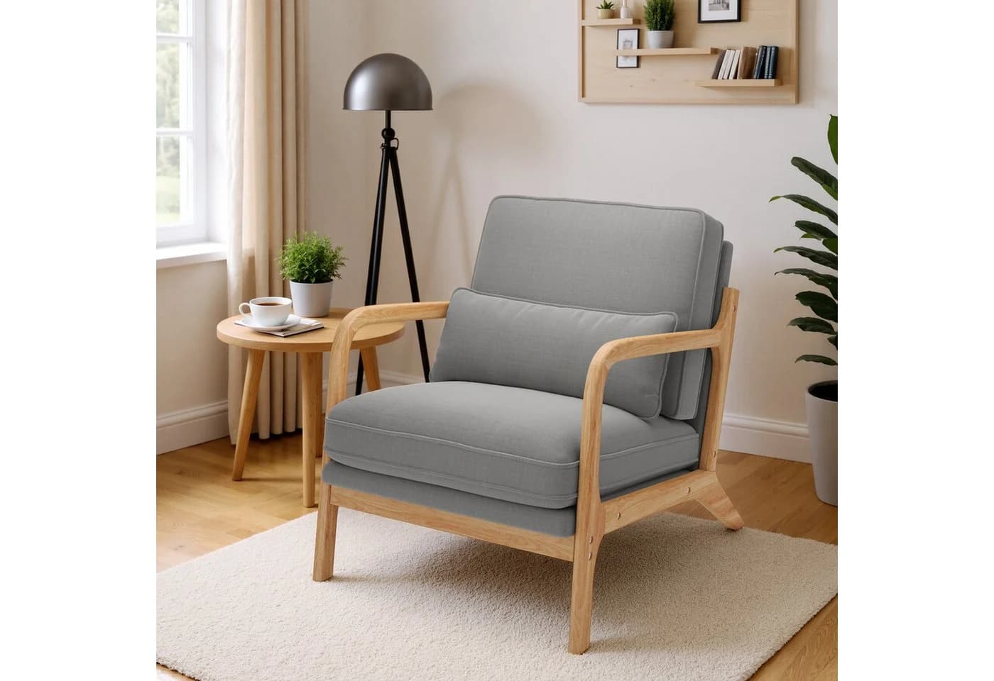 Bealife Relaxsessel mit Armlehne und Kissen Beige/Grau Massivholz - Bild 2