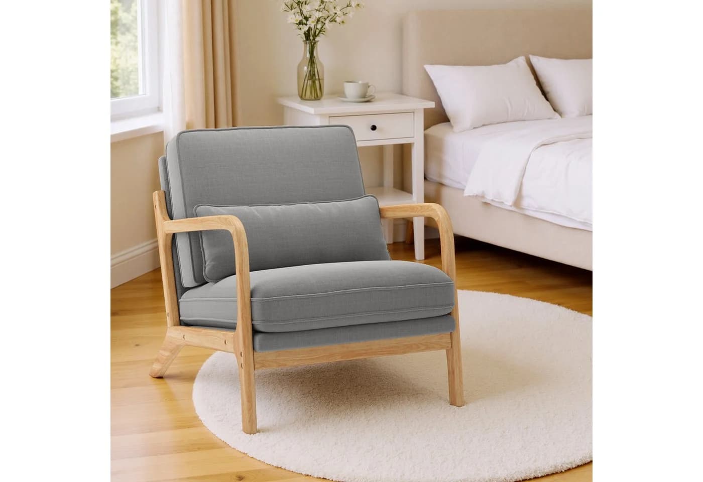 Bealife Relaxsessel mit Armlehne und Kissen Beige/Grau Massivholz - Bild 3