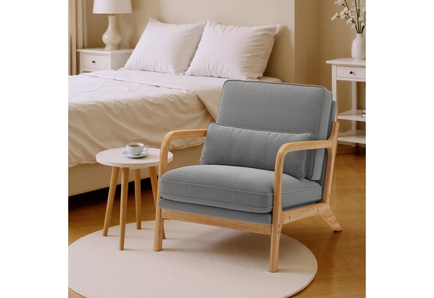Bealife Relaxsessel mit Armlehne und Kissen Beige/Grau Massivholz - Bild 4