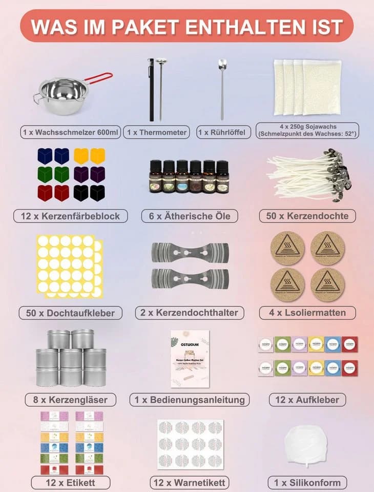 OSTWOLKE DIY Duftkerze Kerzenherstellung Kit Bunt