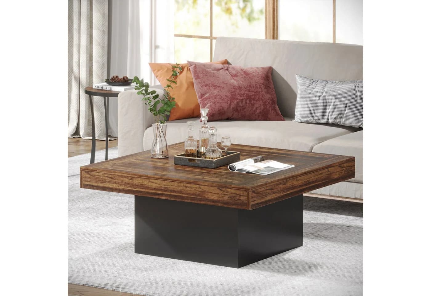 Tribesigns LED Couchtisch 90 cm Quadratisch Walnuss