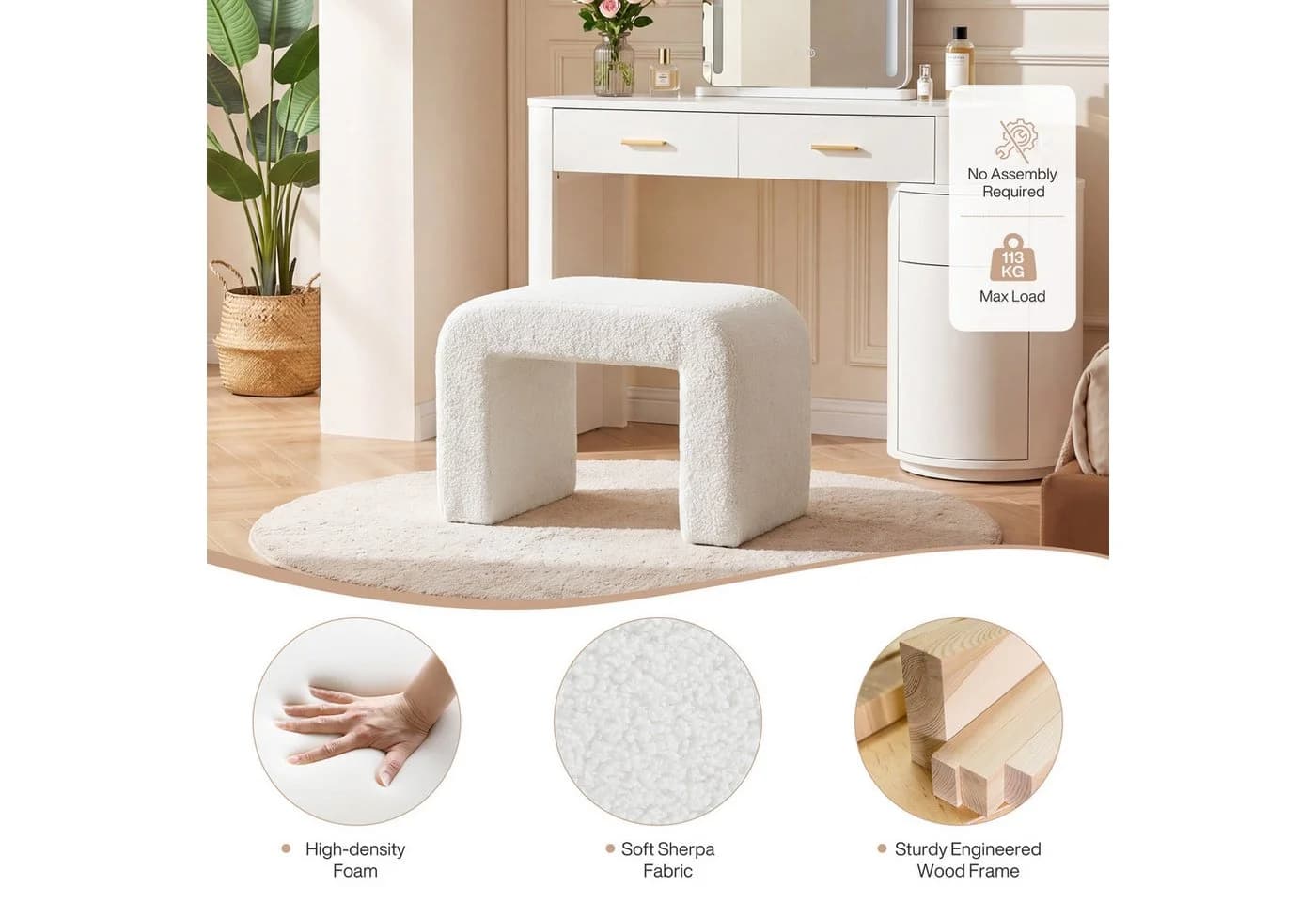Tribesigns Polsterhocker Schminktisch Hocker mit Sherpa-Polsterung Weiß - Bild 5