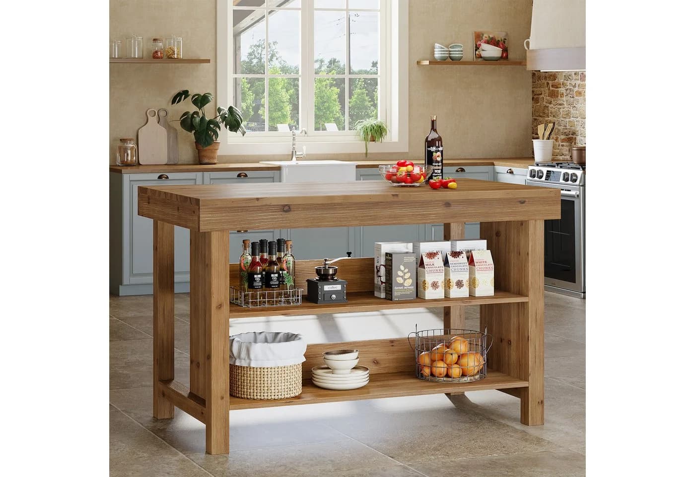 Tribesigns Bartisch 140 cm Weinschrank Massivholz Braun