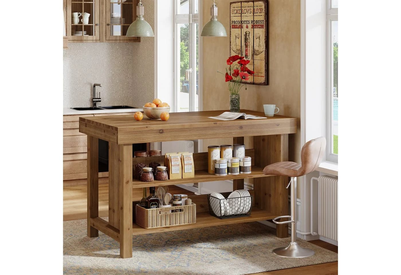 Tribesigns Bartisch 140 cm Weinschrank Massivholz Braun - Bild 3
