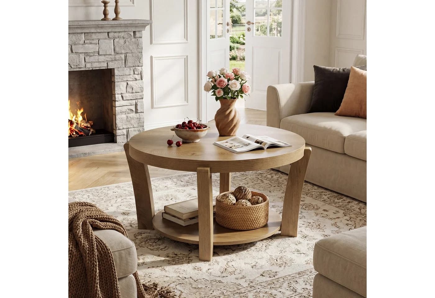 Tribesigns Runder Couchtisch 80 cm Landhausstil Hellbraun