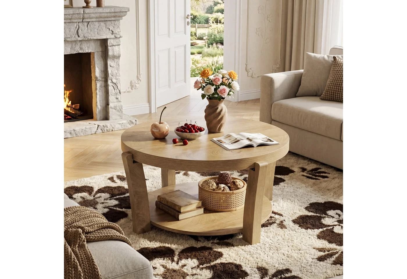 Tribesigns Runder Couchtisch 80 cm Landhausstil Hellbraun - Bild 3