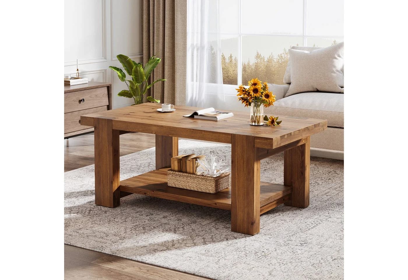 Tribesigns Couchtisch Massivholz Landhaus 2-stufig Braun - Bild 2