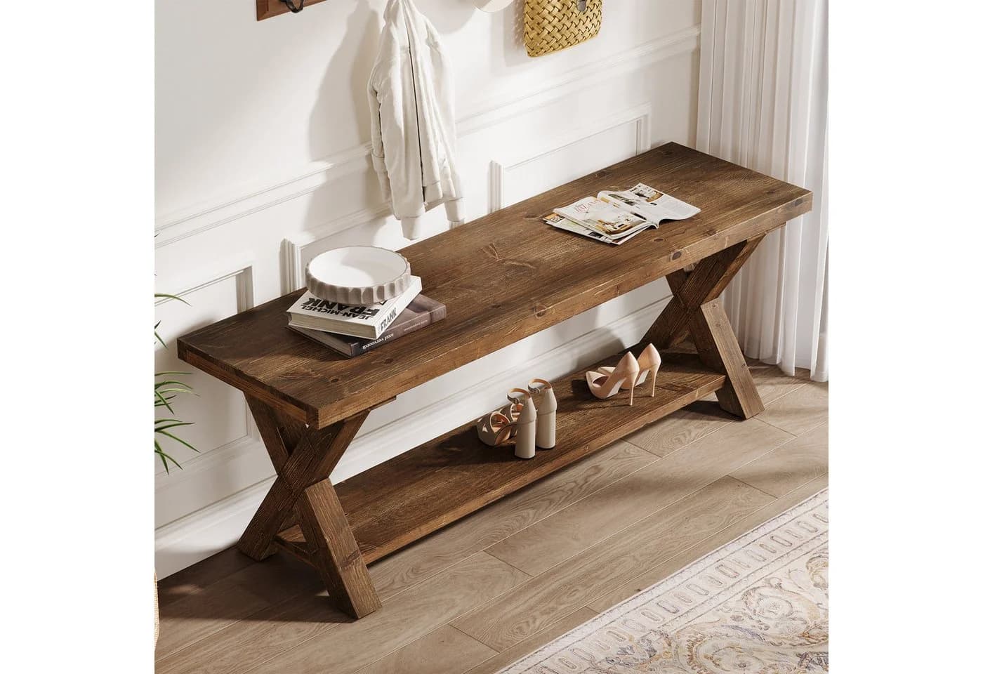 Tribesigns Schuhbank Massivholz 110 cm Braun mit Stauraum - Bild 5