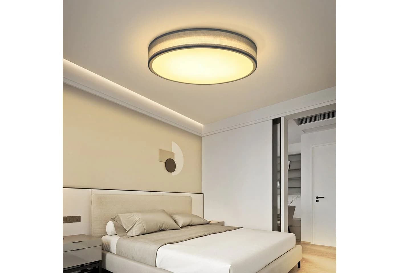 ZMH LED Deckenleuchte Grau Rund 10W Warmweiß Stoffschirm