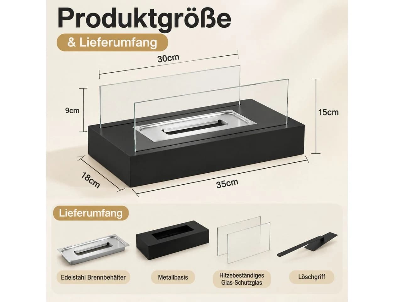 Nettlife Ethanol Tischkamin Schwarz Edelstahl & Glas - Bild 3