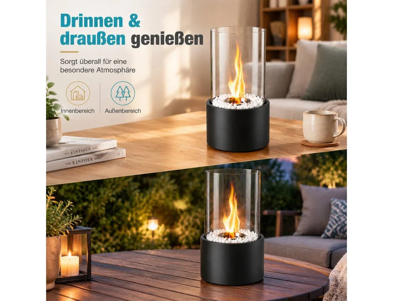Nettlife Tischfeuerstelle Rund Schwarz Ethanol Tischkamin mit Glas