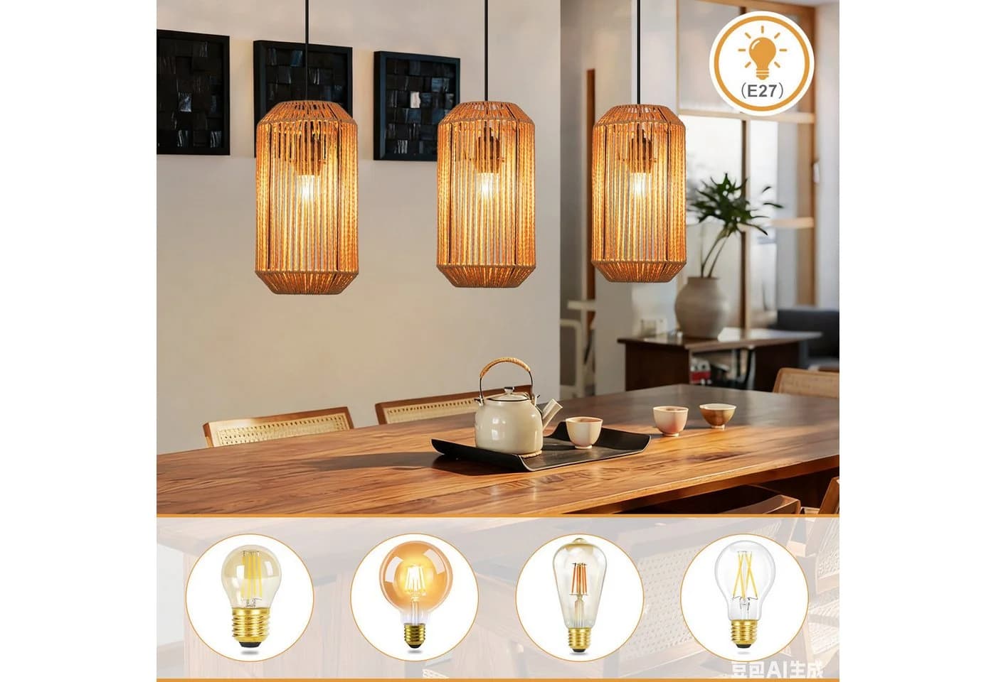 Nettlife Pendelleuchte Rattan Retro 3-flammig Schwarz E27
