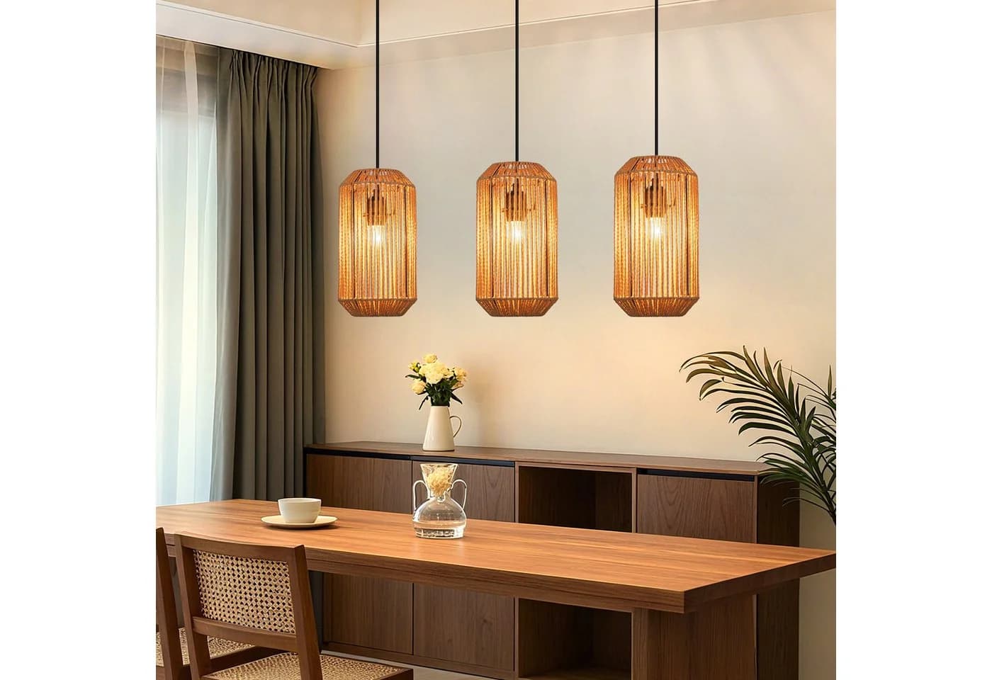 Nettlife Pendelleuchte Rattan Retro 3-flammig Schwarz E27 - Bild 2