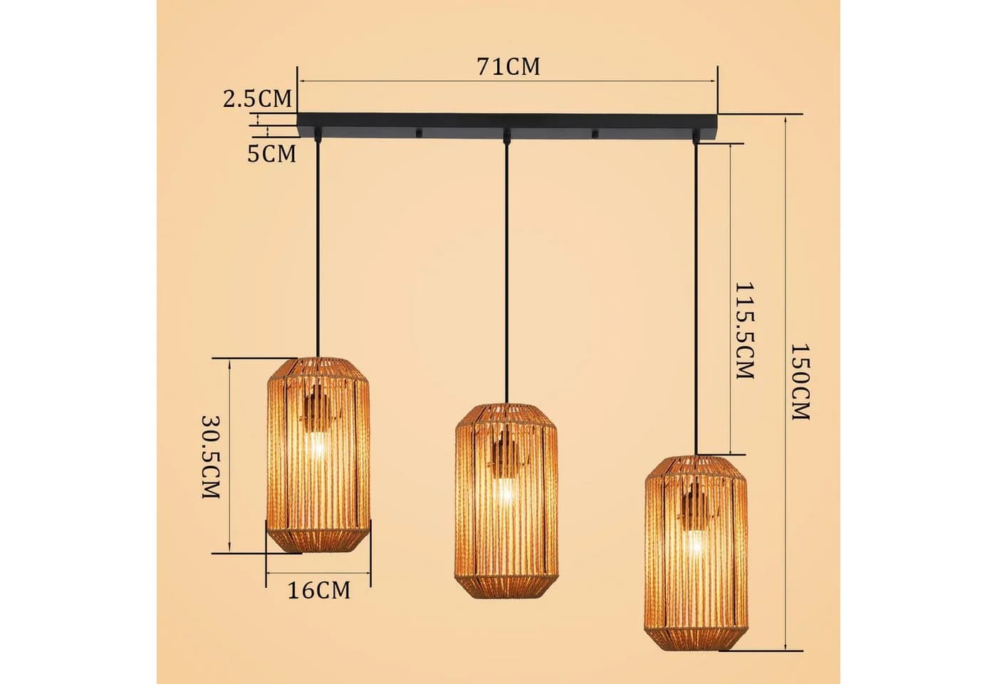 Nettlife Pendelleuchte Rattan Retro 3-flammig Schwarz E27 - Bild 3