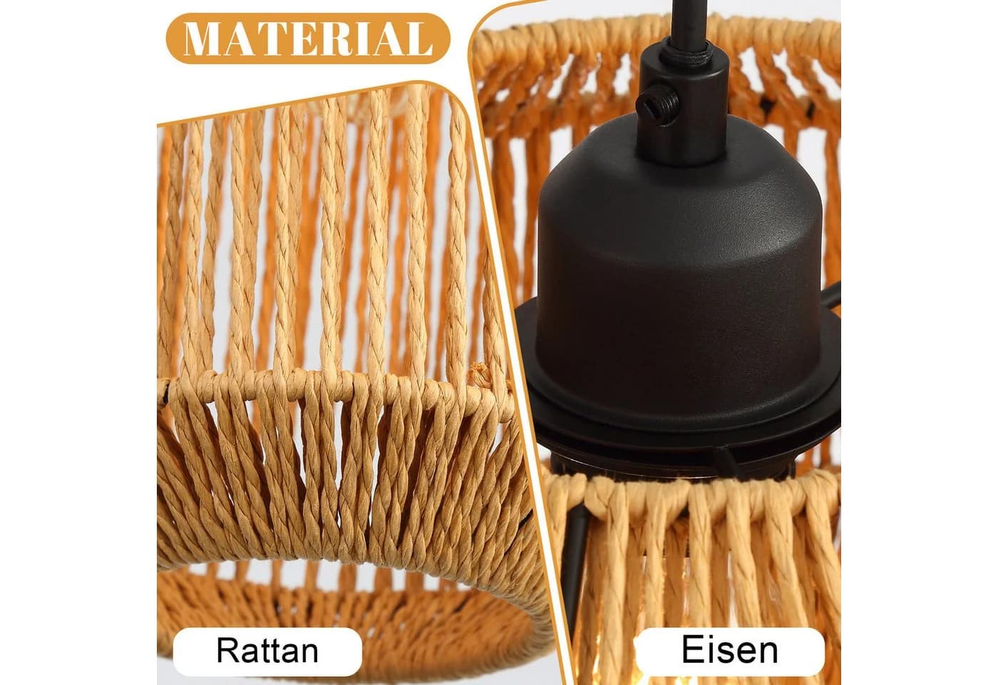 Nettlife Pendelleuchte Rattan Retro 3-flammig Schwarz E27 - Bild 4