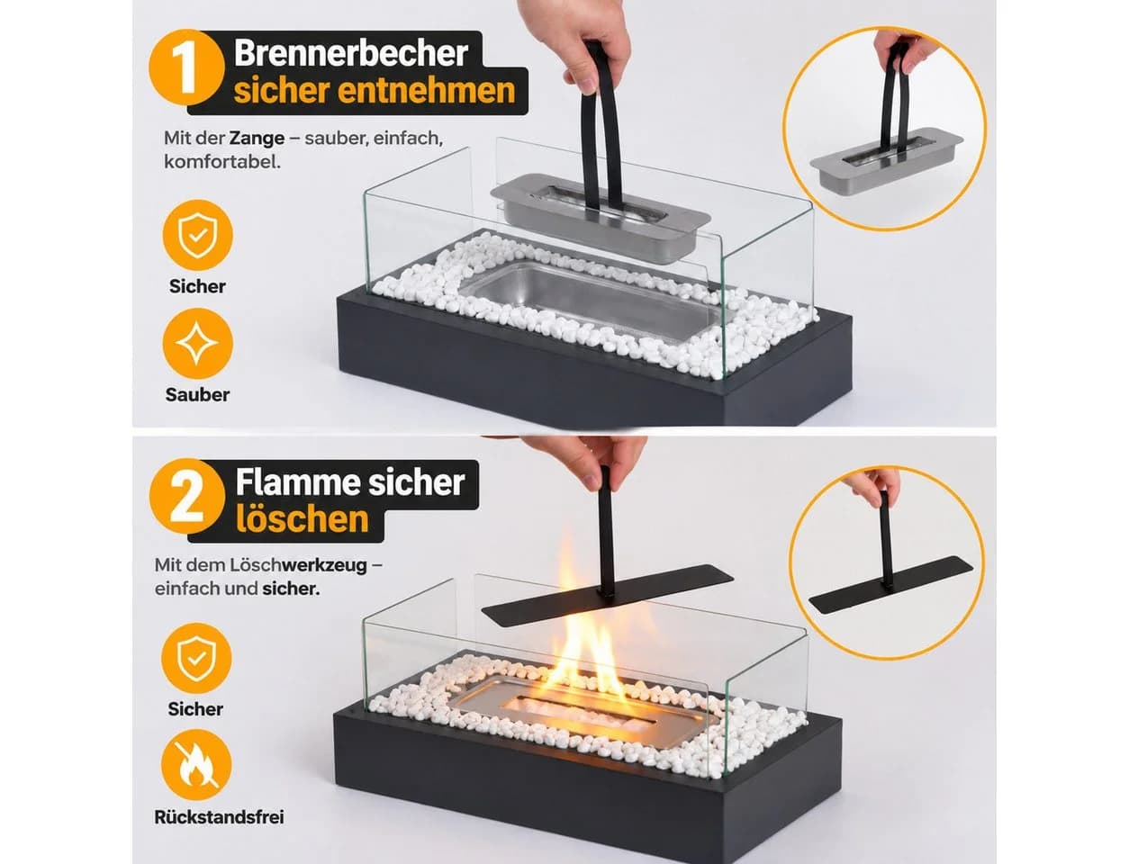 Ledklang Ethanol Tischkamin Schwarz Edelstahl & Glas