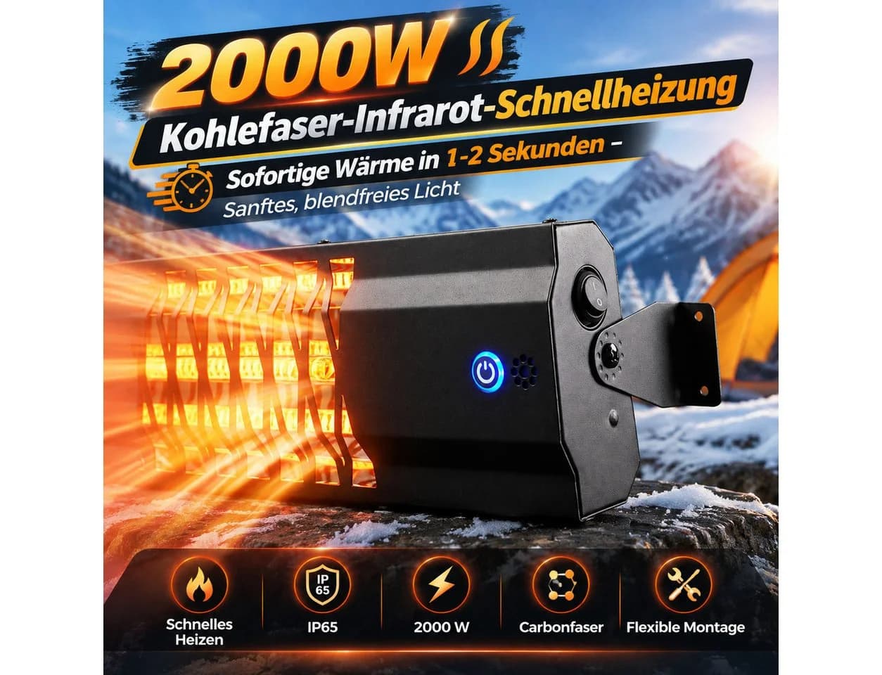 Ledklang Infrarotheizstrahler 2000W Schwarz Touch & Fernbedienung