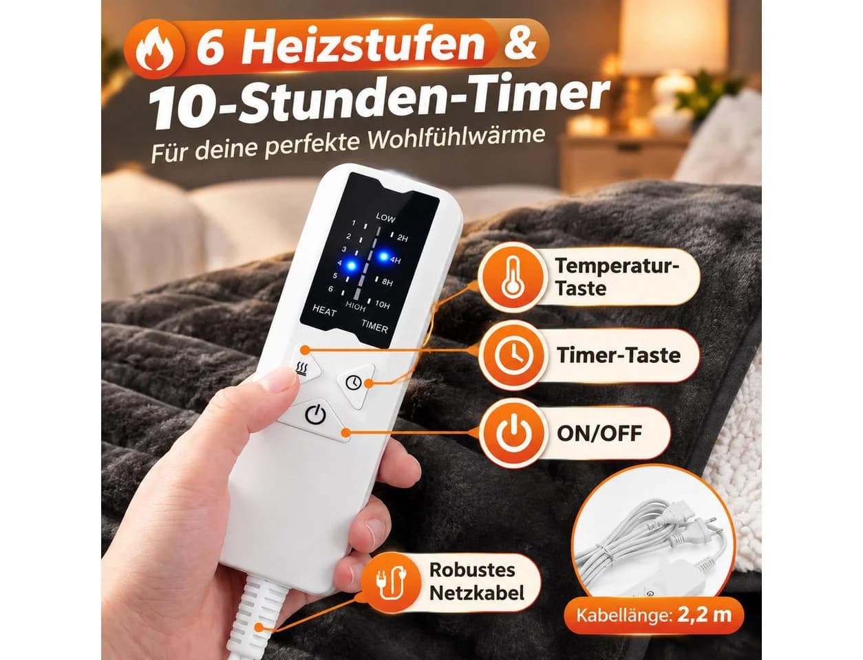 Ledklang Elektrische Heizdecke Schwarz/Grau mit 6 Heizstufen und Timer - Bild 5